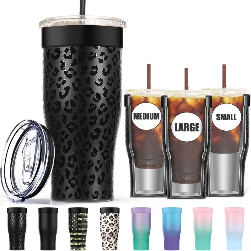 Niceyos Universal Iced Coffee Sleeve - Upgraded Double Wall Reusable Stainless Steel Holder Sleeves Insulator for Cold Drinks Fits Starbucks Dunkin Donuts McDonalds Small Medium Large Cup (Black Leopard) - Image 1